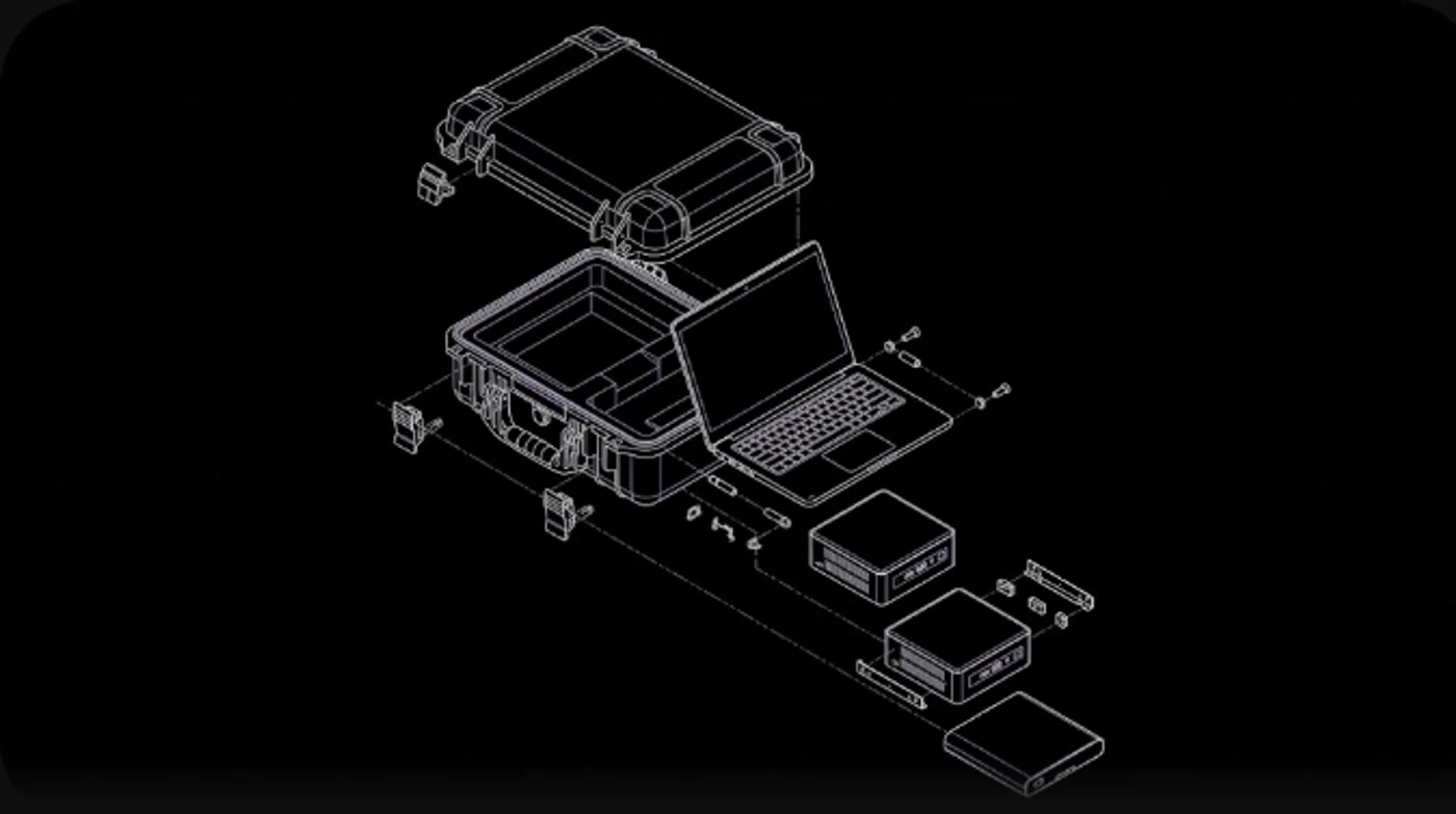 Exploded schematic illustration of the RAPTOR unit: transit case and lid, console, compute nodes, storage and power pack